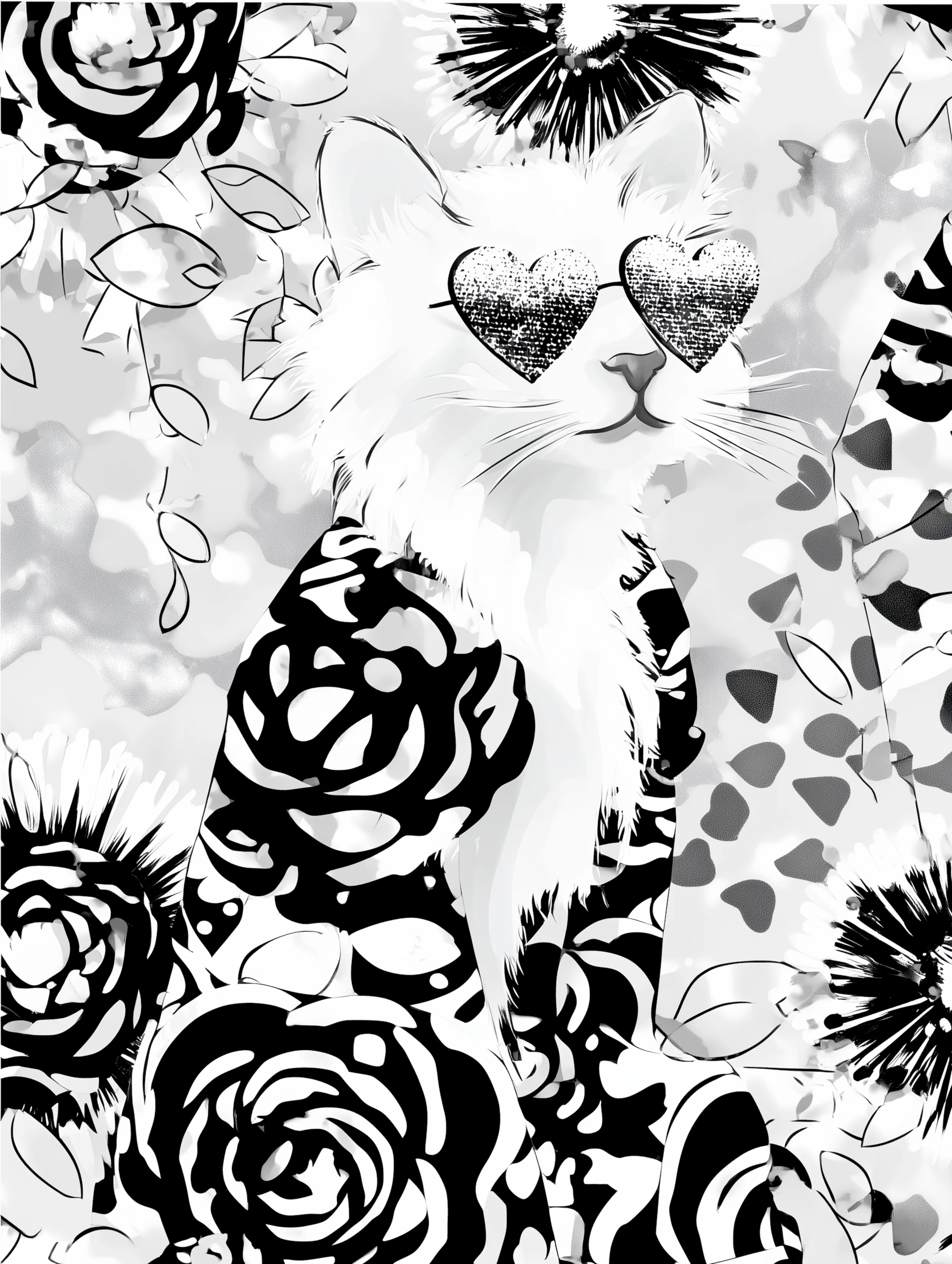 Free printable kitten coloring page featuring heart glasses older kitten